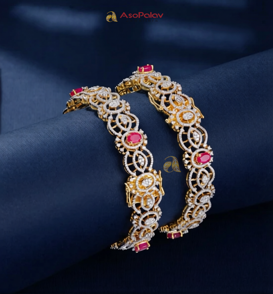 18K Gold Diamond Bangles with Red Stone Accents – Asopalavjewellers